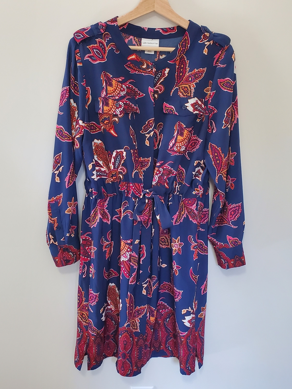 Liz Claiborne Women's LG Paisley Shirt Dress Knee-Length Navy Tie-Waist Stretch